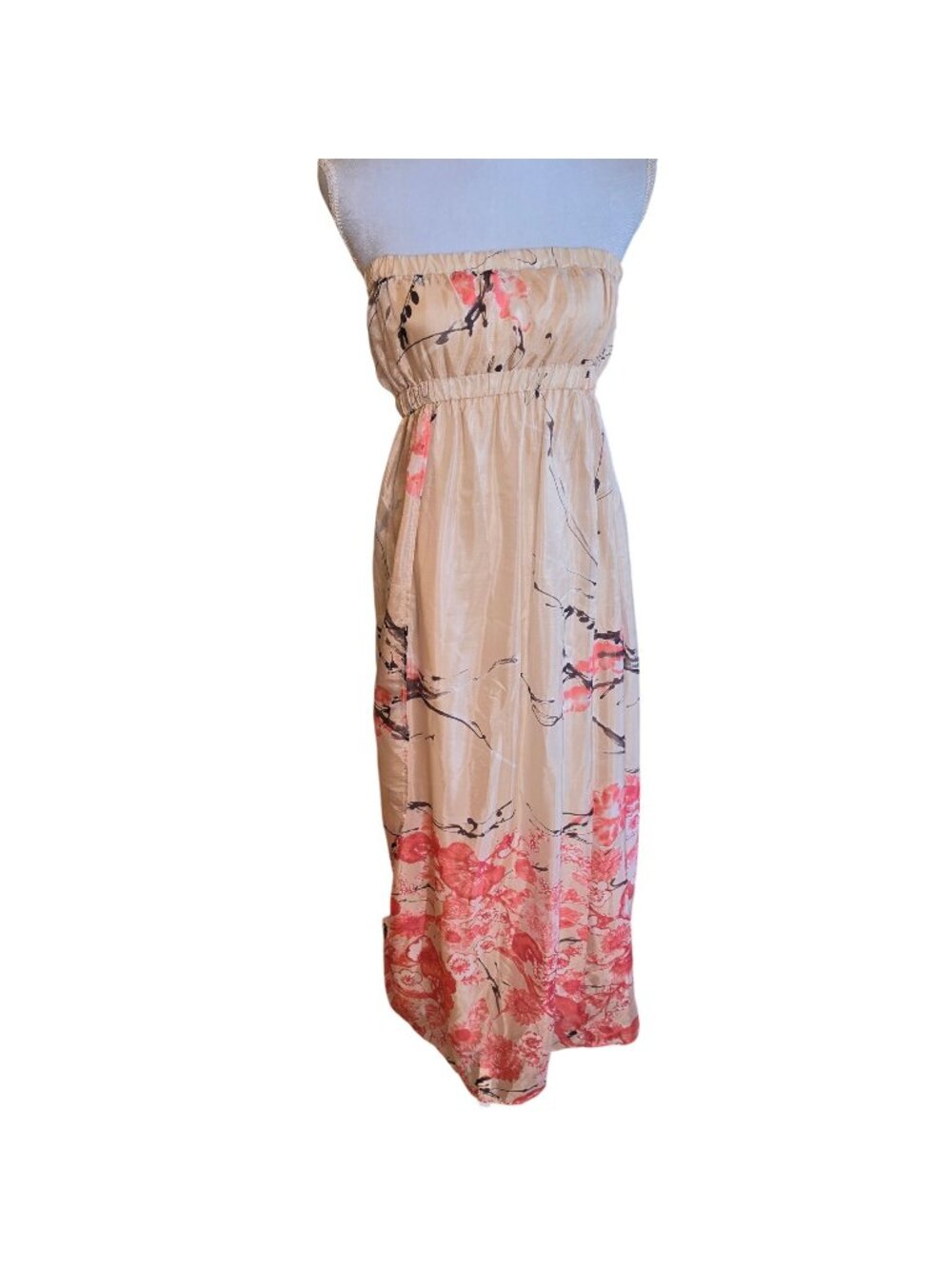 GLAM Silk Floral Strapless Smocked Maxi Dress Boho Coquette Cottagecore Size L